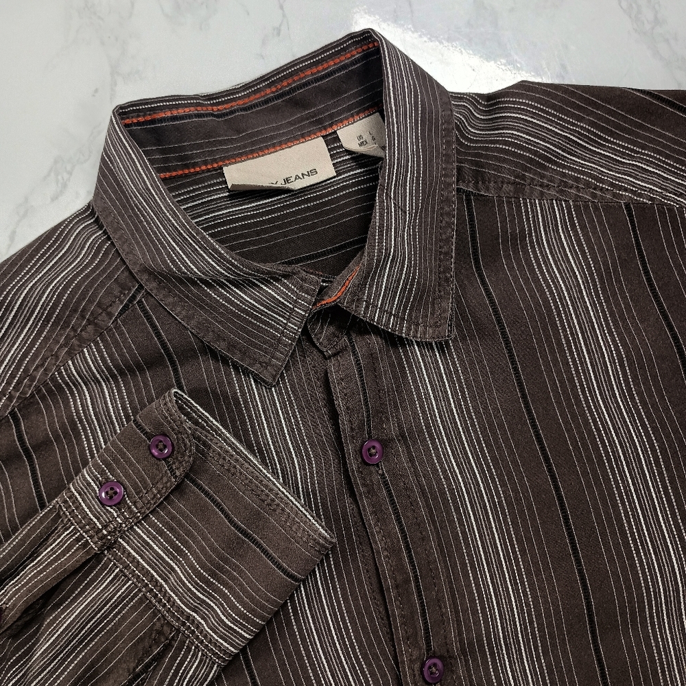 DKNY JEANS Brown White Striped L 100% Cotton Men's Long Sleeve Button-Up Shirt‎